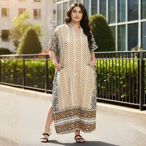 Gypsie Blu Polyester Button-Down Caftan Dress Plus Size Beach Cover Up Maxi Mumu